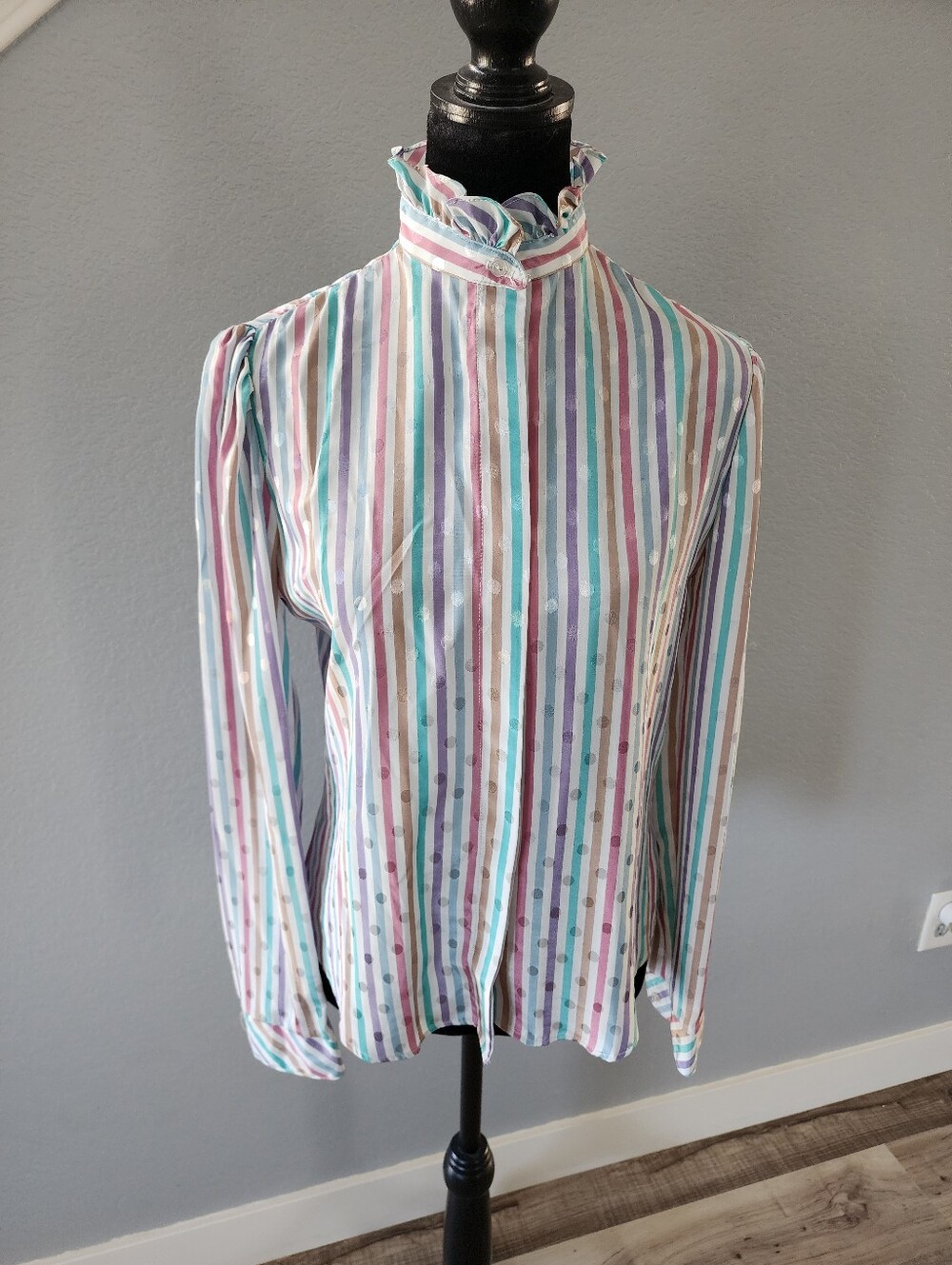 Striped Pastel Ruffle Neck Vintage 1980's Long-Sleeve Blouse - Multi